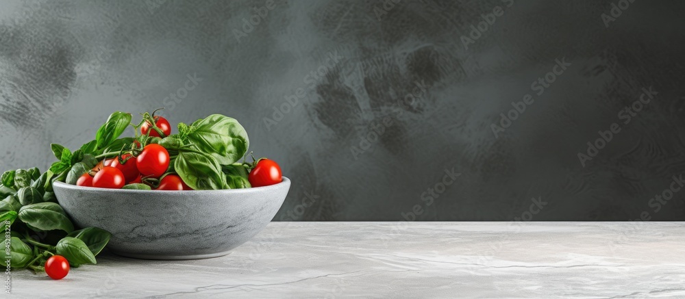 Poster a vibrant arrangement of fresh spinach leaves and bright cherry tomatoes adorns a white colander on 
