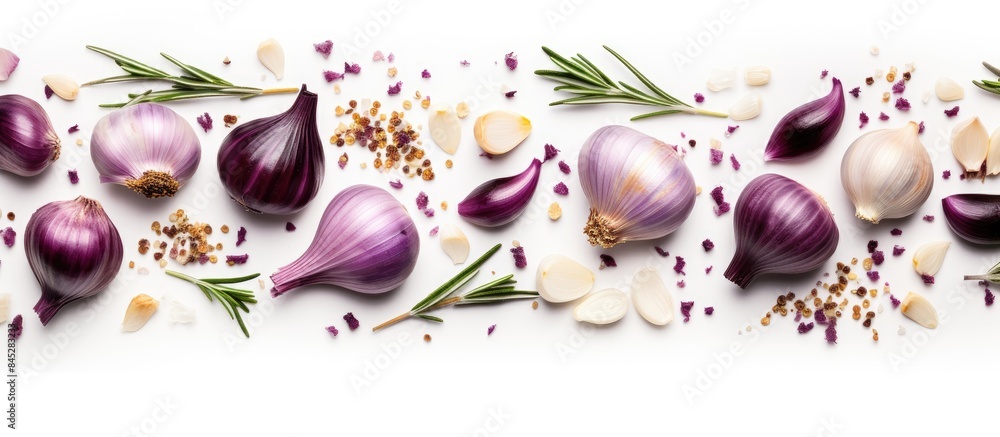 Poster Top view of red onions garlic seasoned with rosemary and peppercorns arranged on a white background Ample copy space is available for your text