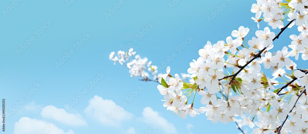 Poster spring beauty background with blooming white flowers of trees against a backdrop of the blue sky cre