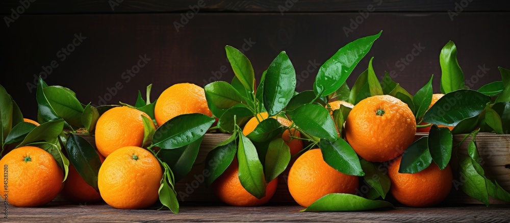Poster on the table there is a wooden box containing fresh mandarin oranges or tangerines with leaves creat
