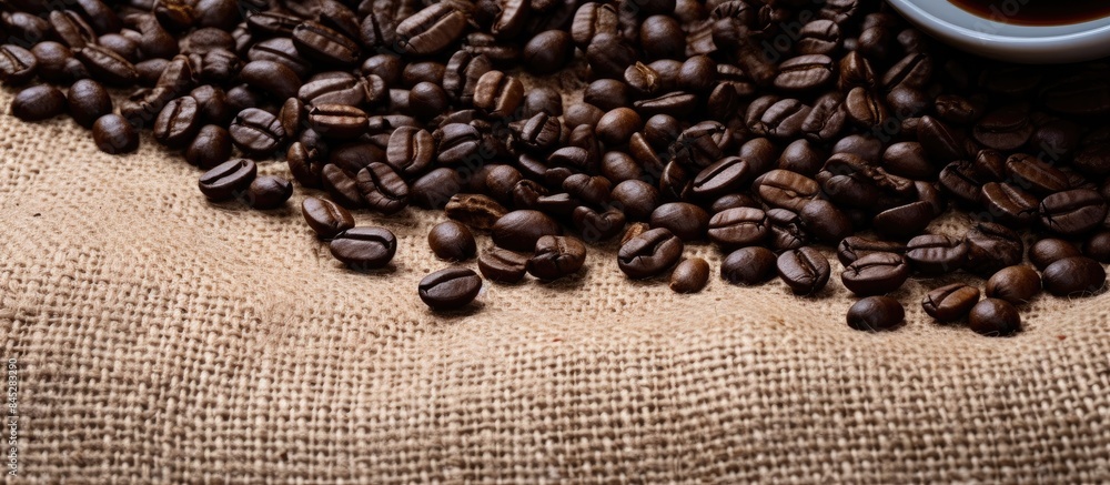 Aufkleber a close up photograph of a black coffee bean surrounded by burlap with a few spills outside the fram