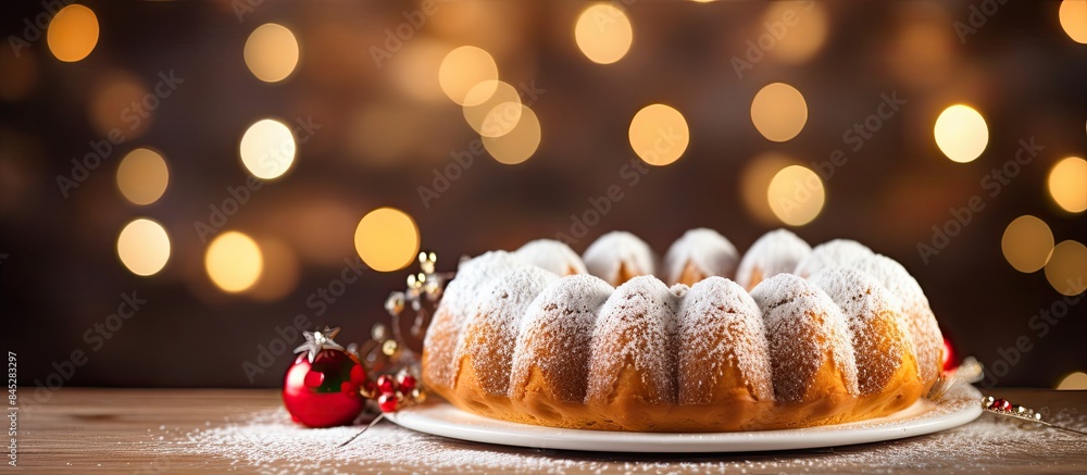 Poster a festive display of a homemade christmas bundt cake and linzer cookies placed on a wooden table wit