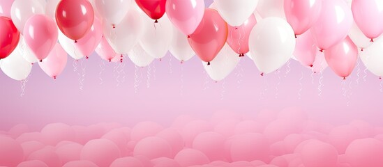 Colorful balloons in pink and white hues create a festive atmosphere perfect for joyous occasions and celebratory events The vibrant balloons add a touch of cheer to any gathering. Creative banner