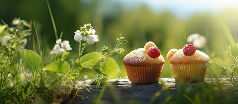 A mouthwatering summery scene with petite raspberry muffins on a vibrant green backdrop basking in the sunlit garden Perfect for confectionery blogs cafe banners and restaurant menus A tempting irres