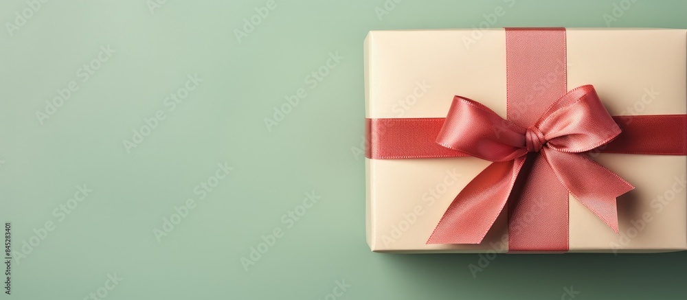 Poster a top down view of a red and beige gift box is displayed on a background that blends pink and green 