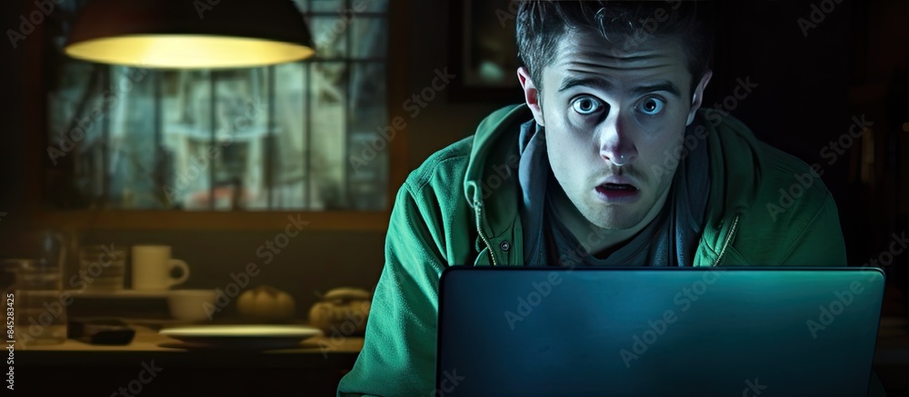 Poster Startled young man looking at his laptop computer with a concerned expression clearly disturbed by what he sees on the screen Copy space image