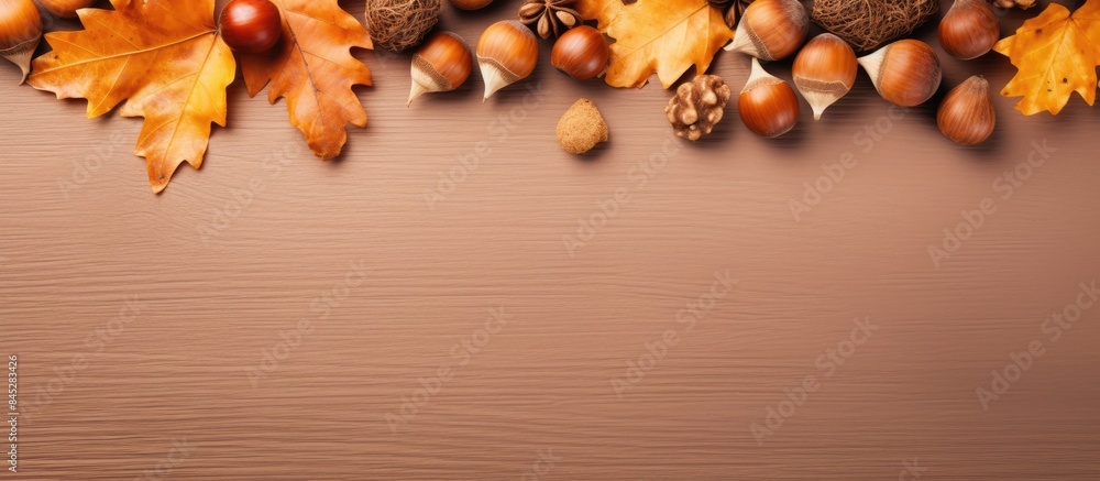 Aufkleber Fall themed flat lay composition with a border of dried oak leaves and acorns on an autumn background Ideal for Thanksgiving day or seasonal concepts with ample copy space for additional design eleme