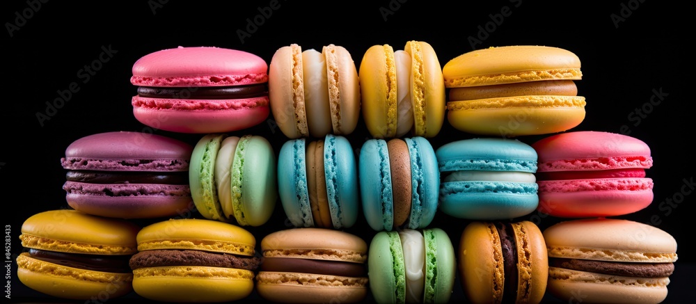 Aufkleber colorful macarons or macaroons stacked on a black background creating a fresh and vibrant image of c