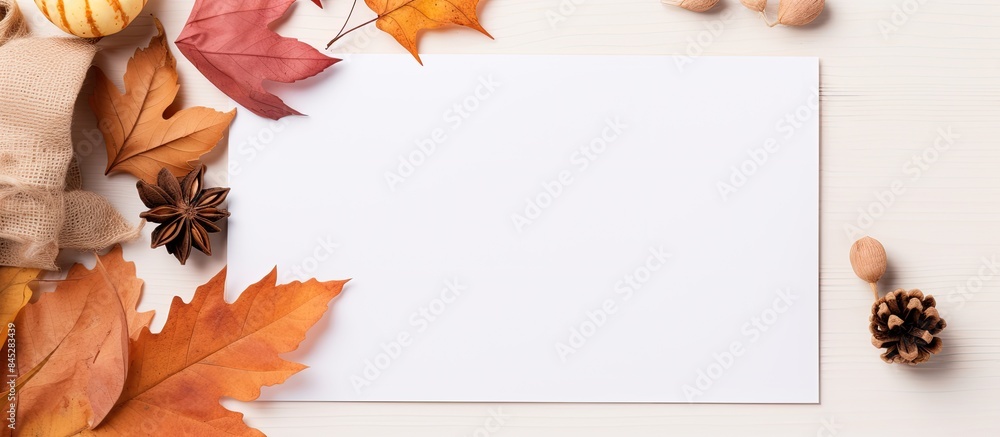 Poster square copy space image of an autumn themed flat lay composition with a paper card and dried leaves 