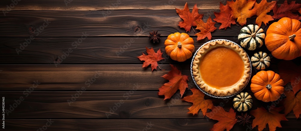 Poster a traditional pumpkin pie is placed on a table surrounded by pumpkins and leaves the photograph is t