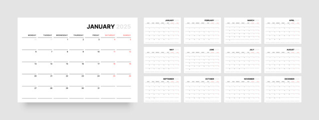 Monthly calendar template for 2025 year. Diary planner in a minimalist style. Week Starts on Monday. 