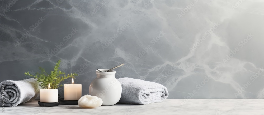 Poster a serene spa setting with a treatment concept showcased on a sleek gray marble background a copy spa