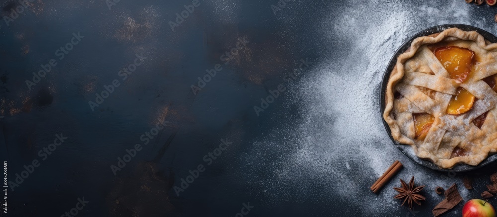 Poster Top view of a dark blue background with a homemade apple pie dusted with sugar powder and garnished with fresh apples and spices Lots of copy space for an image