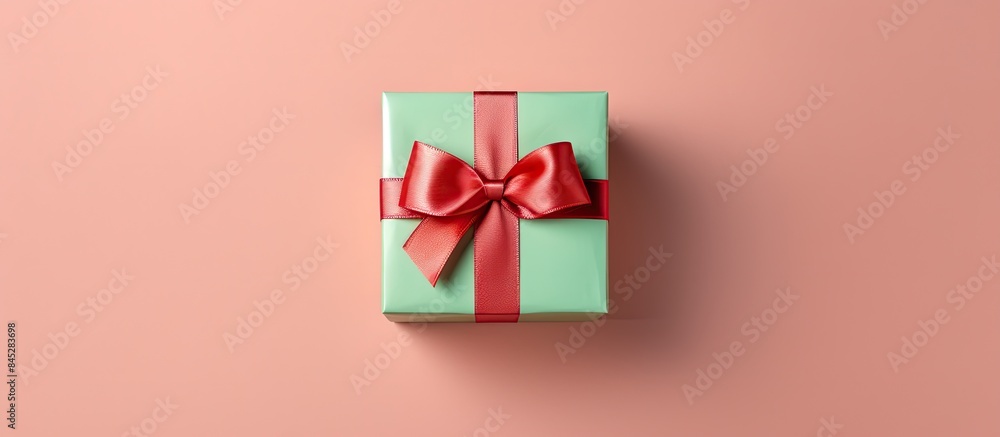 Fototapete A top down view of a red and beige gift box is displayed on a background that blends pink and green hues leaving empty space for additional content or text