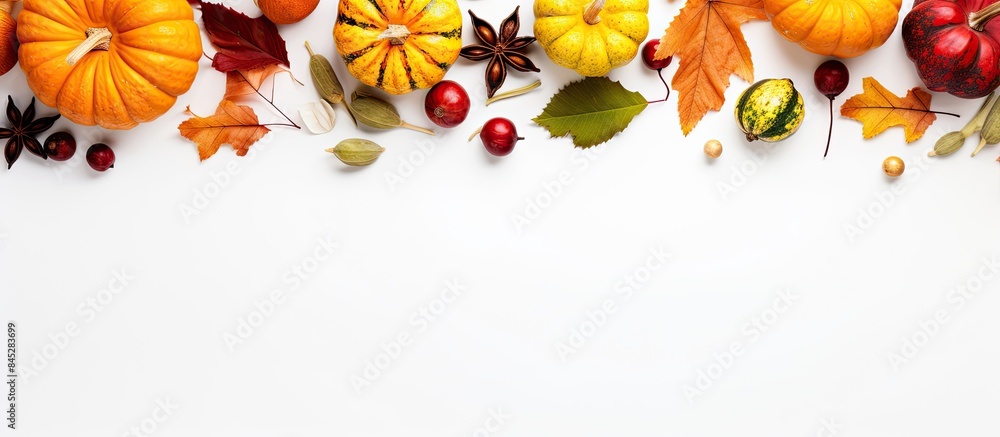 Aufkleber A top down view of a white background adorned with pumpkins leaves and other autumnal elements perfect for Thanksgiving and Halloween Ample space is available for additional content in the image