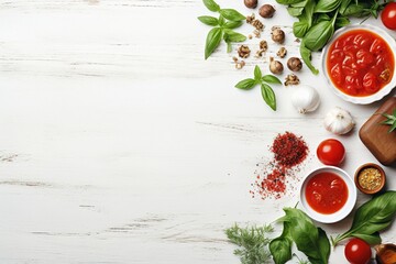 The ingredients for homemade pizza on white wooden background.
