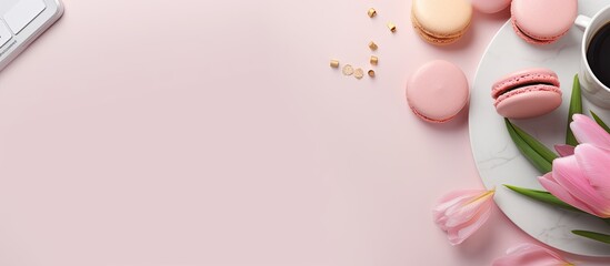 Fototapeta premium A stylish banner for a female blogger featuring a pink donut pink tulips and an open Notepad resting on a coffee background providing ample copy space