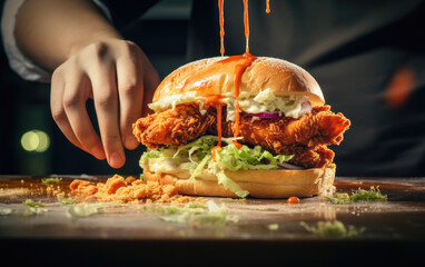 Delicious crispy chicken burger with fresh lettuce and sauce, being prepared by a chef, perfect for fast food promotional material.