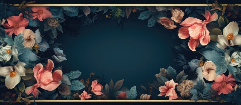 A vintage frame with a pastel blue copy space image is surrounded by a dark blue background adorned with a vibrant bouquet of jungle leaves forming an artistic and creative design