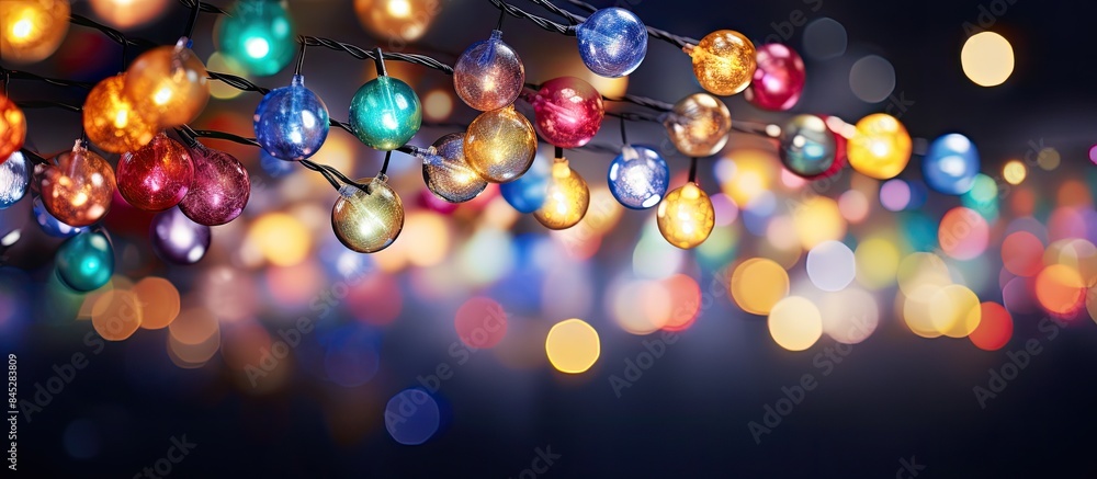 Leinwandbilder colorful christmas garlands with bright blurry textures form a multi colored bokeh against a black b