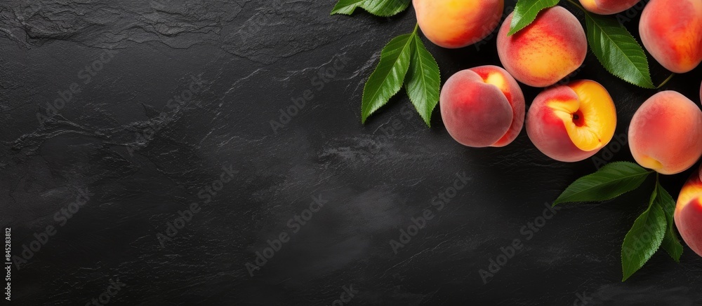 Poster top view of ripe peaches placed on a black stone background creates a wide composition enhancing the