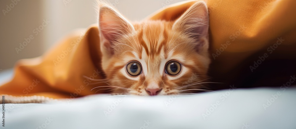 Poster A cute red kitten is peacefully resting on a pillow gazing directly at the camera with a heartwarming expression capturing a beautiful copy space image of a cherished pet at home