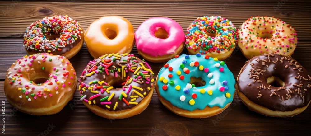 Leinwandbilder there is a top down view of a variety of colorful donuts with sweet icing sugar and glazed sprinkles
