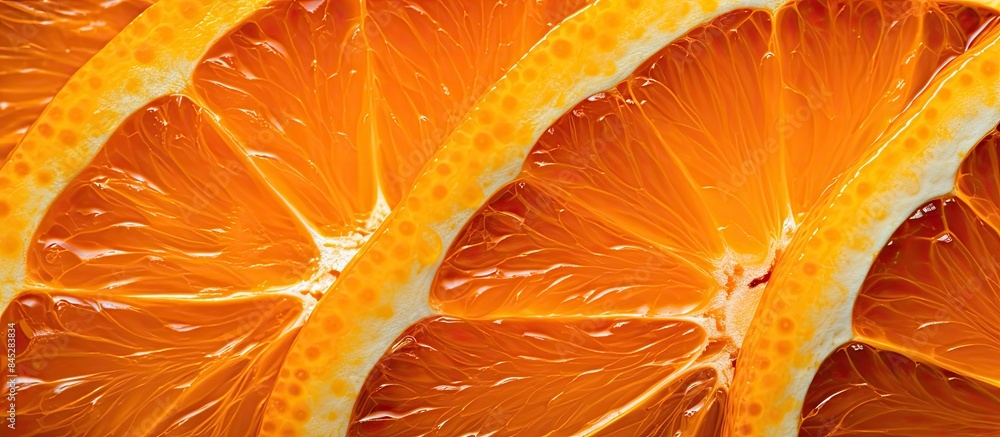 Poster A close up image of a sliced orange providing a detailed view of the fruit s texture and vibrant color There is ample empty space in the image for copy or text overlay purposes