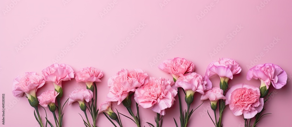Aufkleber a beautiful image of fresh baby pink carnations isolated on a bright pink background creating a top 