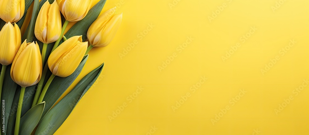 Poster A vibrant spring concept featuring fresh beautiful yellow tulips against a colorful yellow backdrop This horizontal top view image includes copy space and is enhanced with toning