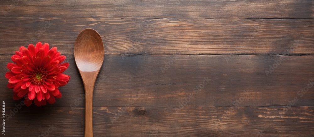 Poster A rustic wooden spoon and fork featuring a vibrant red flower are placed on a blank board providing ample empty space for additional elements in the copy space image