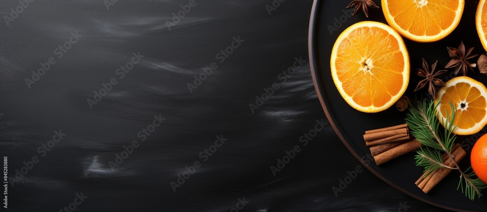 Poster Top view of a black table with a plate on a cutting board Christmas decorations and orange slices add a festive touch Ample space for other elements in the image