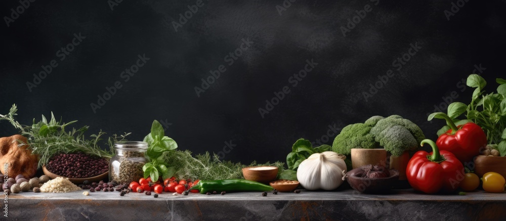 Poster Long banner format with a dark stone table serving as a background for a variety of vegetables herbs and spices Perfect for copy space image