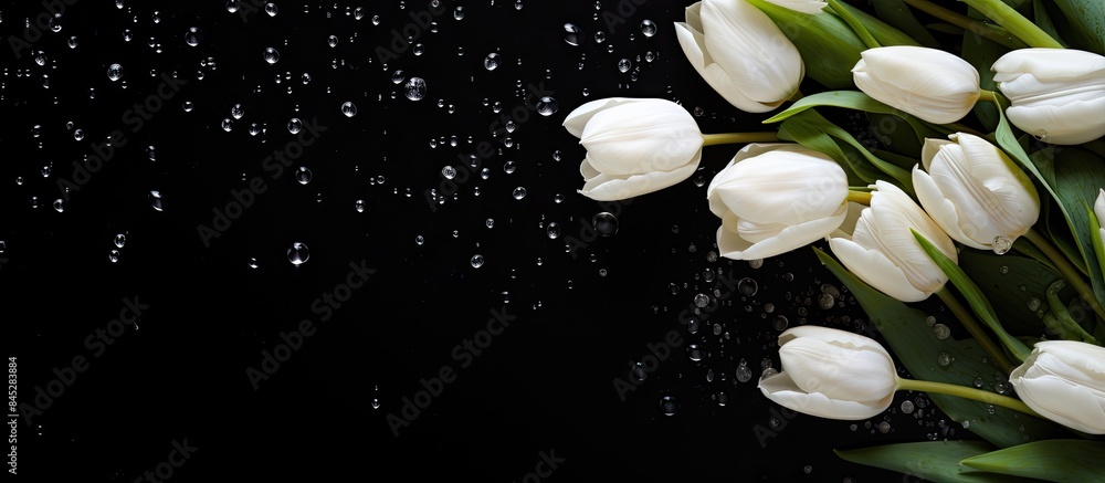 Aufkleber a beautiful spring background with a dark floral layout featuring fresh white tulips on a black back