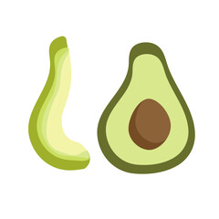 Cooking with avocados vector illustration set. Whole avocado and cut slices isolated on white background. Organic tropical food eco template for menu, juice label, avocado cosmetic product, healthy 