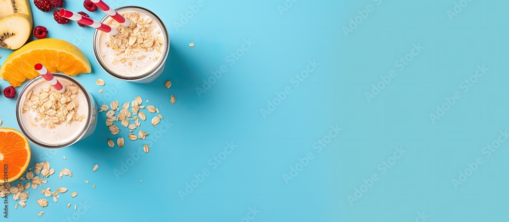 Poster A top view of a healthy breakfast smoothie made with oat banana and pomegranate on a blue background It is a nutritious diet milkshake with protein perfect for a refreshing start to the day The image
