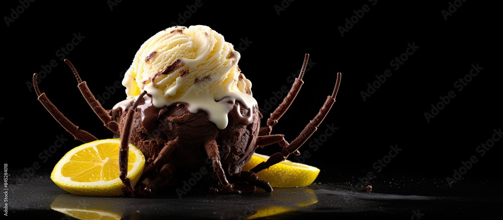 Poster a chocolate spider is placed on top of lemon ice cream making for a refreshing cold dessert against 