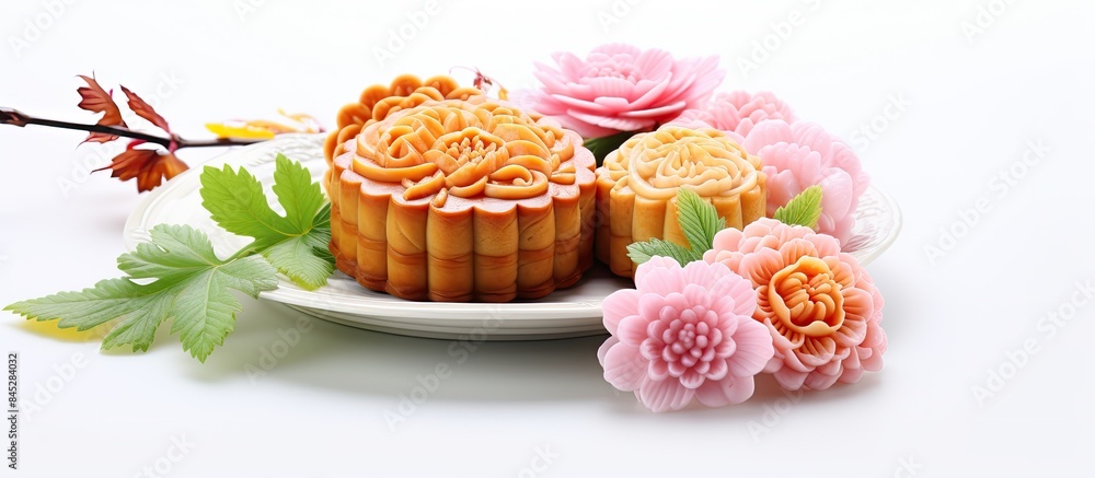 Poster a vibrant mooncake adorned with colorful flowers a traditional chinese treat is showcased on a white