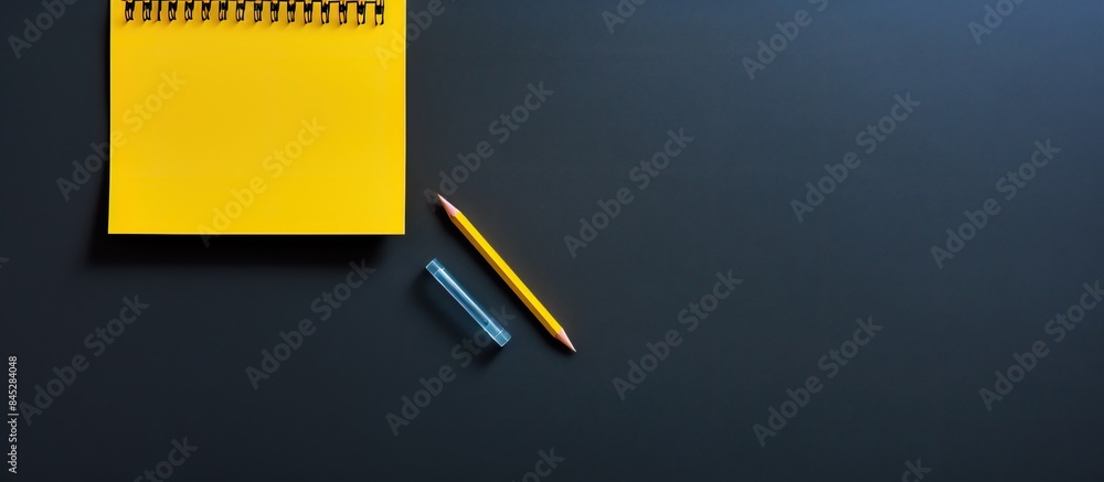 Fototapete an office desk with a black pencil colored paper clips and a yellow notepad seen from above the phot