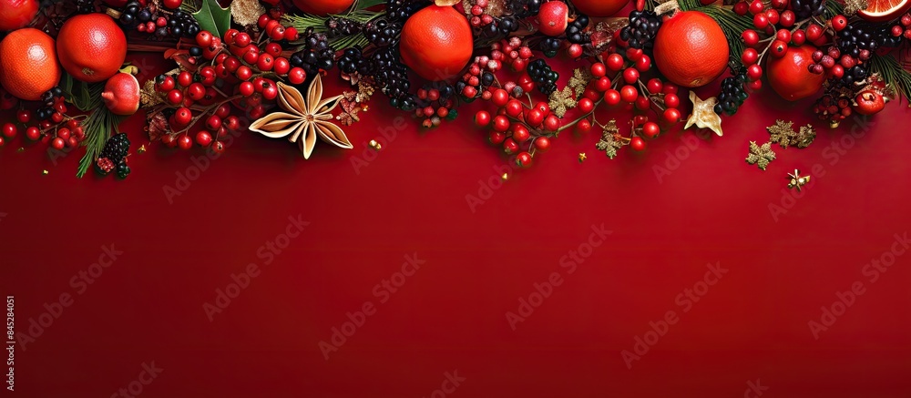 Poster A festive holiday arrangement with Christmas elements on a vibrant red backdrop captured from an overhead perspective providing ample space for customization or text overlay