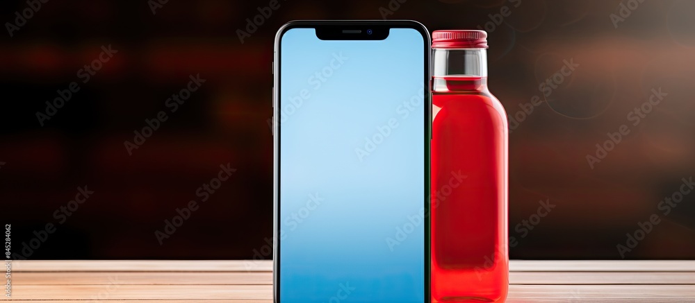 Poster a smartphone inspired bottle with a blank lcd screen featuring blue hand sanitizer and red and white