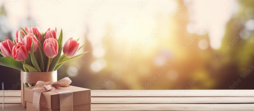 Aufkleber A wooden table serves as a backdrop for a picturesque scene featuring a bouquet of tulips and gift boxes creating a visually appealing copy space image