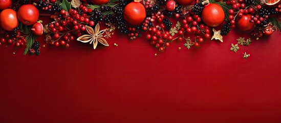A festive holiday arrangement with Christmas elements on a vibrant red backdrop captured from an overhead perspective providing ample space for customization or text overlay