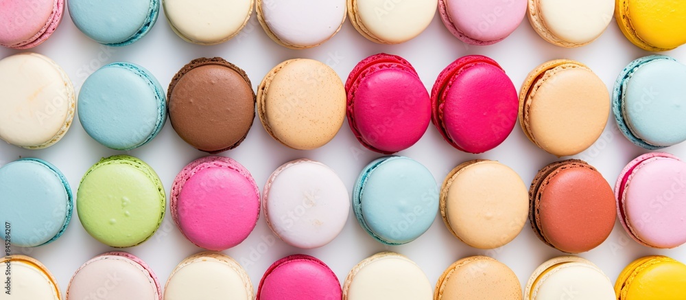 Aufkleber top view of colorful almond cookies resembling biscuits macaron or macaroon placed on a white backgr