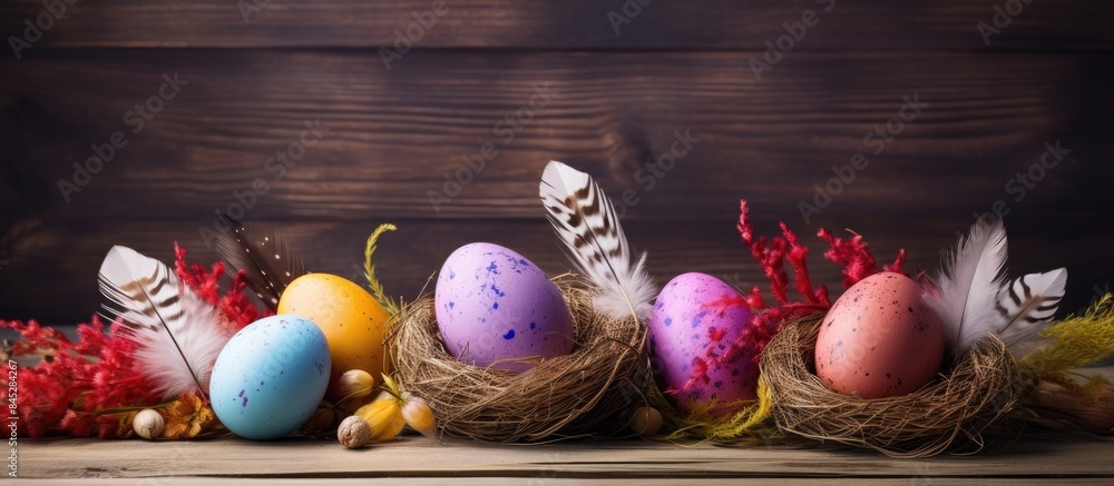 Poster decorated easter eggs with feathers nest on old wooden table with copy space image perfect for sprin
