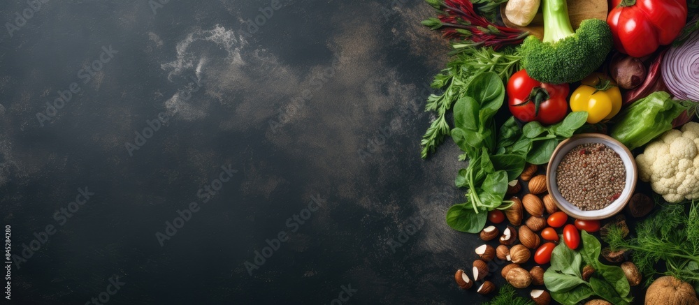 Poster the concept of healthy vegan food is depicted with fresh organic vegetables walnuts and a salad mix 