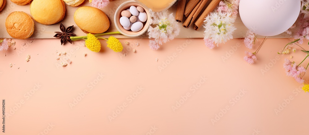 Aufkleber top view of a pastel orange background with a bakery or cooking frame filled with flowers ingredient