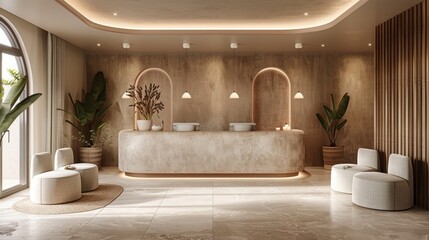 An inviting image of a spa reception area, with plush seating, soft lighting, and tranquil decor, creating a welcoming space for clients to relax before their rejuvenating massage