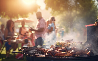 People enjoying a summer barbecue at a park with delicious food on the grill and a warm, sunny atmosphere.