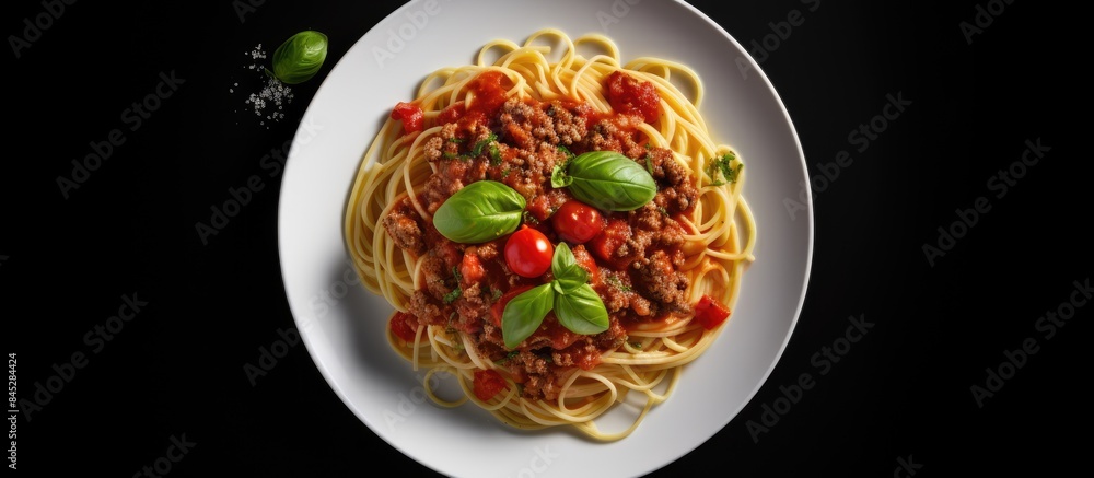 Poster top view of a traditional italian spaghetti bolognese arranged on a gray background the image is a r